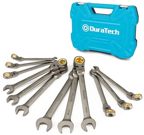 DURATECH 12-Piece Anti-Slip Flex-Head Ratchet Spanner Set, 8-19 mm, Cr-V | Anti-Slip Grip, Nickel-Plated, Cr-V Steel, 72-Tooth Ratchet, 12-Point Box End, 5° Swing Arc, Metric Sizes, Storage Case