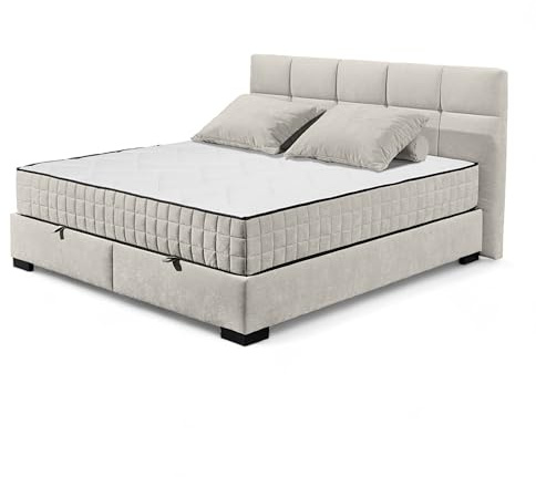 NAGOL A Boxbett 180x200, Sand - Bequemes Doppelbett mit Bettkasten und Premium 9-Zonen-Federkern Wendematratze - 205 x 114 x 214 cm (B/H/T)