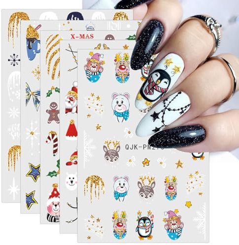 JMEOWIO 10 Sheets Christmas Nail Art Stickers Decals Self-Adhesive Glitter Snowflake Xmas Winter Holiday Gold Nail Supplies Nail Art Design Decoration Accessories