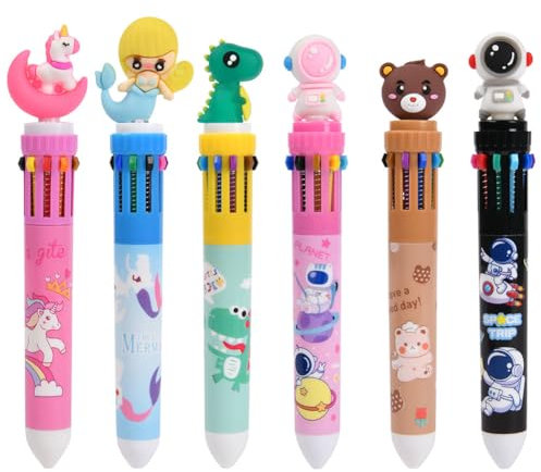 AUAUY 6 Stück 10 in 1 Cartoon Druckkugelschreiber, Kugelschreiber Hochwertig, 0,5mm Mehrfarbiger Stifte, 10 Farben Gelschreiber für Schüler, Büro, Kinder, Geschenk
