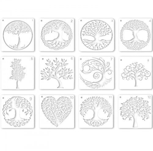 Stencil riutilizzabili per pittura con albero della vita, stencil con anelli, per pittura fai da te, decorazione murale, 12 pezzi