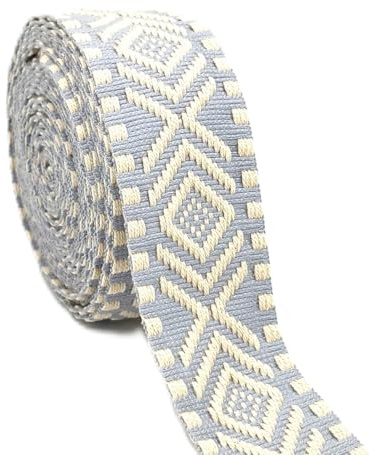 AnseTendance sangle coton 38mm rouleau de 10 mètres bicolore ethnique motif losanges géométrique pour sacs à main tote bag couture anse bandoulière mercerie bleu gris clair et blanc