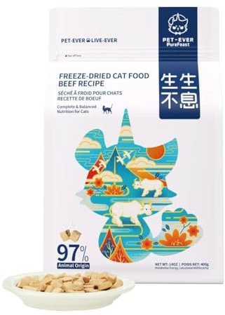 PET-EVER PureFeast gefriergetrocknetes Katzenfutter, 97% tierischen Ursprungs, weiches trockenes rohes Katzenfutter, Katzenleckerli und Toppings (400g, Rindfleisch)