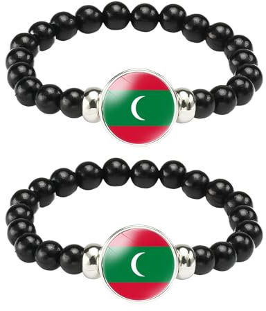 ZENRUIMING Malediven-Flaggen-Armbänder, handgefertigt, verstellbar, schwarze Perlen, Kristallglas-Armband, Malediven-Reise-Souvenir, 2 Stück, Adjustable, Harz Glas, Kein Edelstein