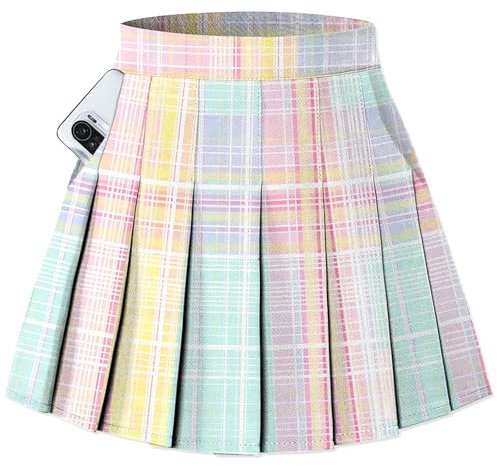 SANGTREE Jupe plissée pour filles et femmes, jupe uniforme à taille élastique, grande taille, 2 ans – US 4XL, Plaid rose clair vert, Taille S