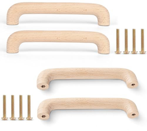 CPENG 4 Stück Holzgriffe mit Schrauben, 128 mm Bogenförmige Möbelgriffe aus Holz, Doppel-Loch Türholzgriff für Schrank- und Schubladentüren, Möbel- und Küchengriffwerkzeuge