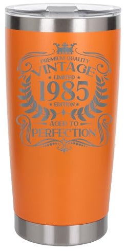 Always Looking Good 40th Birthday Gift Vintage 1985 Aged to Perfection Engraved Insulated Travel Mug Present for 40 Year Old Orange Thermal Coffee Flask Travel Mugs with Lids