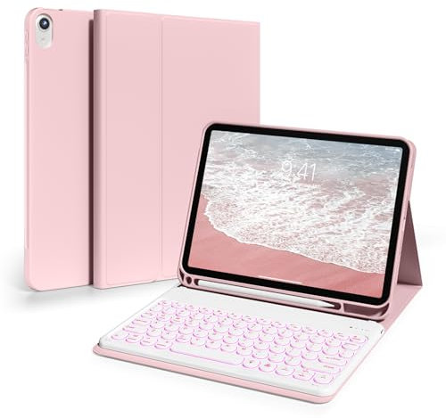ZKTUYU Hülle mit Tastatur für iPad 11 Generation A16/10 Generation (11/10.9 Zoll,2025/2022),7-farbige Beleuchtung Bluetooth QWERTZ Tastatur Hülle mit Stifthalter,Soft TPU Rückseite Gehäuse, Rosa