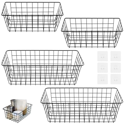 CHUENKUK 4 Stück Drahtkorb, 28 x 12 x 12 cm und 38,5 x 15,5 x 14 cm Gitterkorb Metall Schwarz, Draht Aufbewahrungskorb Metallkorb für Küche, Bad, Speisekammer, Büro