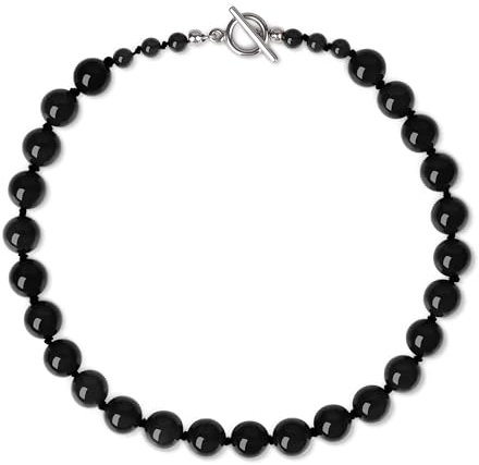 GAVU Collar para Mujer con Cuentas de Piedras Naturales Anudadas a Mano, Collar de Ónix Negro para Mujer Cierre T-bar 45cm