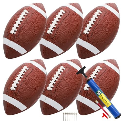 Lawei 6 Pack Youth Footballs, Official Size 6 Composite Leather Football for Junior, Adult, College, High School, Durable Inflatable Footballs with Pump, Indoor Outdoor American Footballs Bulk