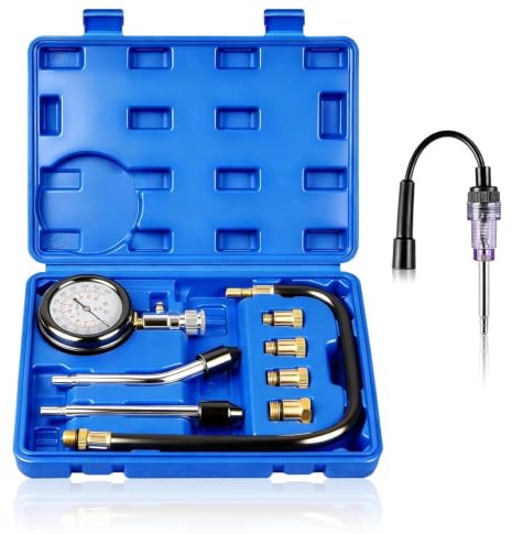 Kompressionsprüfer Set Kompressionstester Motor Kompression prüfen meßen Kfz M10 M12 M14 M18 0-20 bar & 0-300 psi (compression tester(Blue))