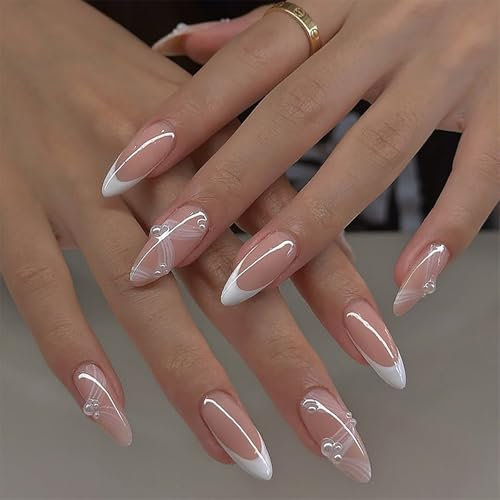 Press on Nails French Tip - Nude Almond False Nails with Pearls & Ribbons - 24pcs French Tip Stick on nails - Natural Fake Nails with Glule - Medium Almond nail Tips and Glue Hard Wearing