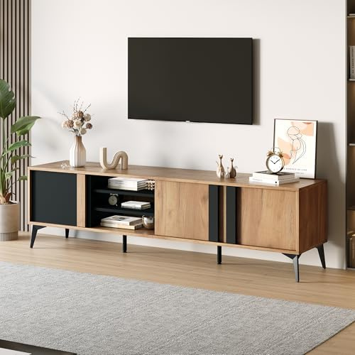 NovaFurnish Mueble de TV marrón rústico de 180 cm, para televisores de hasta 80 pulgadas con puerta y compartimento abierto (negro y marrón, 180 x 40 x 50 cm)