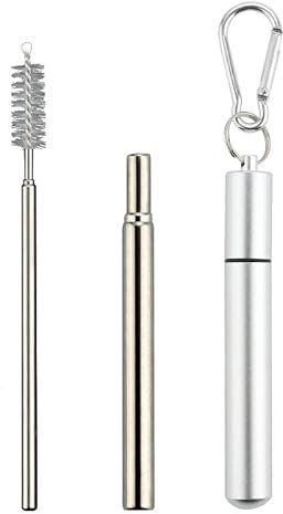 TRLREQ Confezione da 2 cannucce telescopiche in acciaio inox 18/10, lunghezza regolabile fino a 23 cm, con custodia in metallo e anello portachiavi