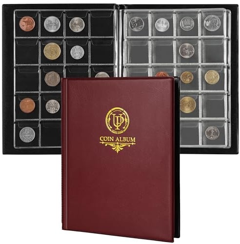 Album pour Pièces de 200 Pochettes - Livre de Collection de Pièces avec 10 Pages, Porte-Grille 33x33 mm pour Livres Pence Cents Dollars Nickel (Rouge) CS48200RE