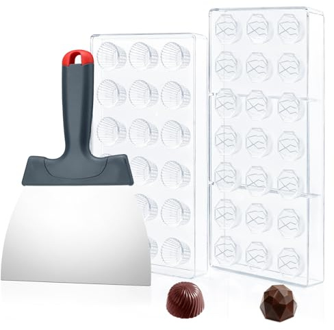 2PCS Polycarbonate Chocolate Molds with a Chocolate Scraper, Multipurpose Candy Molds for Chocolates, Jelly and Cake Decoration, 3 Shapes Truffle Mold, Bakery Supplies (Transparent)