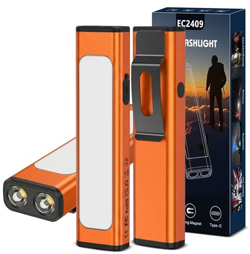 Spriak Taschenlampe, 1200 Lumen, wiederaufladbare EDC-Taschenlampe mit Clip, USB-C-Anschluss, 3 Modi, wasserdichtes Warnlicht für Arbeit, Camping, Reparatur, Notfälle (Orange, 2 Stück)