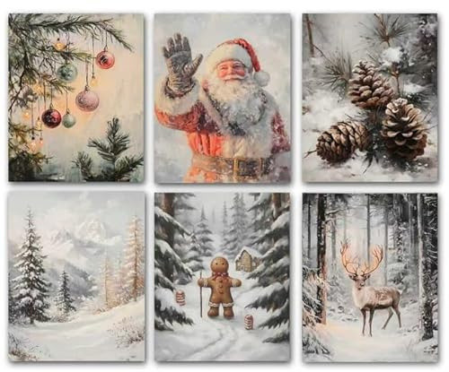 Vintage Christmas Wall Art Prints – Set of 6 Holiday Posters with Santa Claus, Reindeer, Gingerbread, Rustic Winter Wall Decorations for Living Room, Bedroom & Fireplace Mantel (8x10 Inch, Unframed)