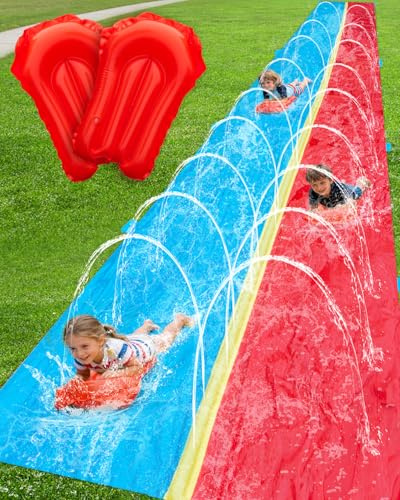 Spring Water Rutsch- und Wasserrutsche für Kinder, 12,2 m, extra lang, 2 Bahnen, Rutsch- und Wasserrutsche mit Sprinkler, Gaint-Wasserrutschen mit 2 aufblasbaren Bodyboards, Outdoor-Spaß