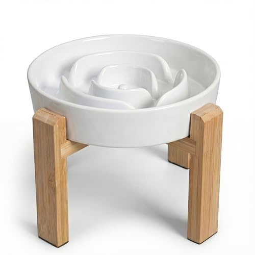 Gamelle Anti-Glouton pour Chien Surélevée - avec Support en Bambou à Vis - Bol Labyrinthe en Céramique pour Alimentation Lente - Idéale pour Chiens Moyens et Grands - Blanc - 22,5 cm
