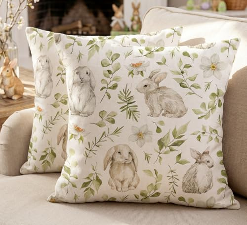 JANGYUHH 2er Set Easter Kissenbezug 40x40 cm Kissenbezüge Ostern Zarter Hase mit Gestreutem Kissenhülle Dekorative Sofakissen Blumenmuster Romantische Frühlingsdekoration Beidseitig Osterhase Deko