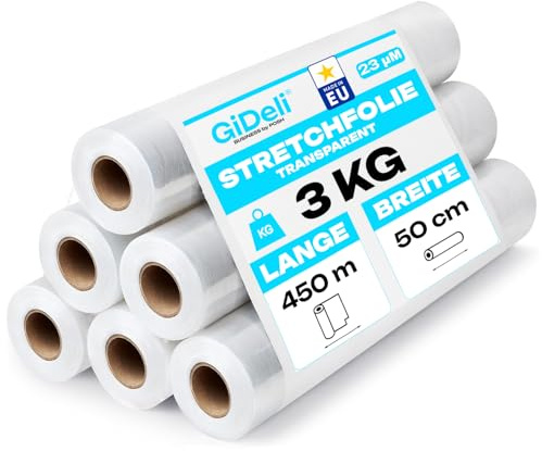 GiDeli Lot de 6 rouleaux de film étirable transparent - 450 m / 50 cm - Matériau d'emballage sur rouleaux - Film pour meubles - Film pour déménagement