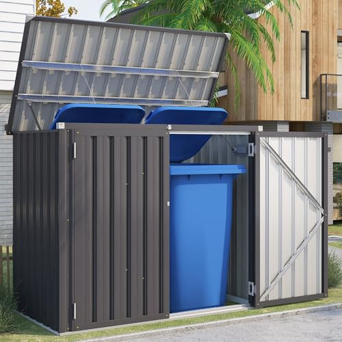 YODOLLA Mülltonnenbox 2er mit Gasdruckfeder, Metall Gartenschrank, Grau | Wetterfest Abschließbar Geräteschuppen für den Außenbereich, 150,6 x 80 x 117,6cm, 1300L