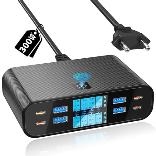 YSYFAD USB C Ladegerät Mehrfach 8-Port mit LED Anzeige 300W USB Ladestation | GaN PD PPS USBC 65W Ladegerät Schnellladeleistung Typ C Netzteil QC3.0 Charger für MacBook Laptops i Phone Pad, Schwarz