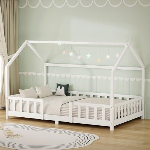 ML-Design Kinderbett Hausbett 120x200 cm mit Rausfallschutz, Dach & Lattenrost, Weiß, Bettgestell aus massivem Kiefernholz, Montessori Bodenbett, Holzbett für Mädchen & Jungen, Jugendbett, Doppelbett