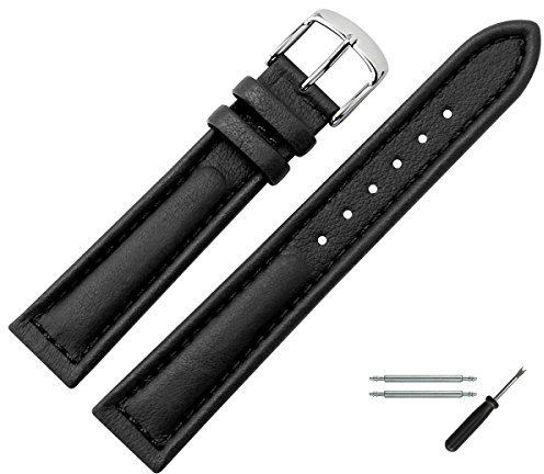 MARBURGER Uhrenarmband 18mm Leder Schwarz Silber Rind Prägung Mit Naht - Montage Set 6251810000120