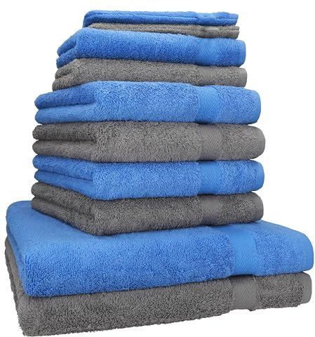Betz 10-TLG. Handtuch-Set Premium 100% Baumwolle 2 Duschtücher 4 Handtücher 2 Gästetücher 2 Waschhandschuhe Farbe hellblau & anthrazit