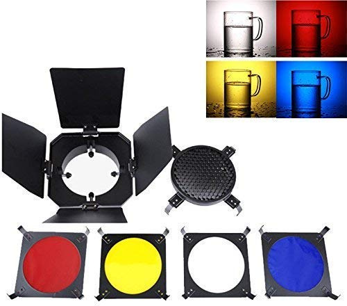 Studio Strobe Flash Bandoor Barn Door Scheunentor Reflektor Diffusor Mit 4 Gelatine Fotografie Filter Rot, Gelb, Blau und Weiß und Wabe für Videolampe mit 96 mm Durchmesser außer