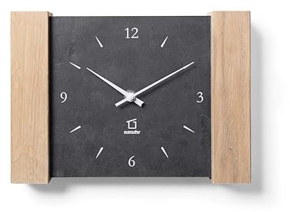 Natuhr Tischuhr Wanduhr Matterhorn Holz Eiche Heller Stein Schiefer Funkuhrwerk (Schwarz/Eiche gekalkt - Funk)
