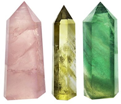 3-Piece Crystal Wands of Rose Quartz, Yellow Quartz & Fluorite Stone,Pointed & Faceted for Healing Reiki Chakra Meditation Therapy Decor