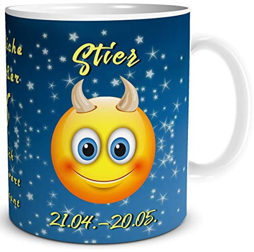 TRIOSK Tasse Smiley mit Spruch lustig Sternzeichen Stier Geburtstagstasse Geschenk für Frauen Männer Arbeit Büro Kollegen Geburtstag