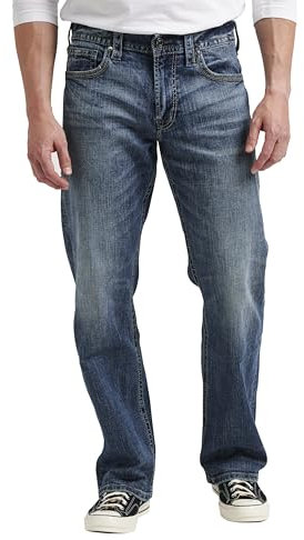 Silver Jeans Co. Herren Gordie Relaxed Fit Straight Leg Jeans, Medium Vintage, 36W / 34L