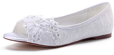 Emily Bridal Women's Silk Like Satin Flat Heel Flats Peep Toe (EU39/UK6, White)