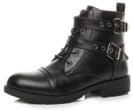 AJVANI Womens ladies flat low heel lace up zip combat army military ankle boots size