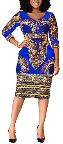 VERWIN Mid-Calf V Neck Three Quarter Sleeve Print Women's Bodycon Dress African Midi Dress (Large, Blue)