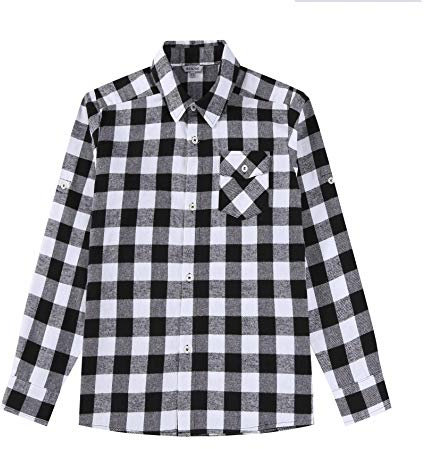 Bienzoe Garçon Flanelle Coton Manche Longue Plaid Chemise Noir Blanc 9/10