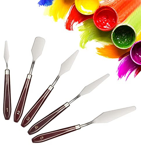 SASFOU 5 Pieces Palette Knife Set , Thin and Flexible Spatula Palette Knife Oil Paint Metal Knives with Wood Handle Painting Pallet Knife Set Art Tools for Oil Paint Canvas