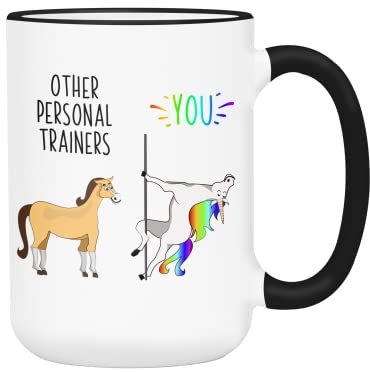 Ransalex Divertidos regalos de entrenador personal, taza de café con diseño de unicornio para entrenadores personales, taza de agradecimiento de cumpleaños (15 onzas, asa negra/borde)