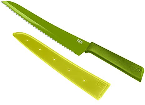 KUHN RIKON COLORI+ Brotmesser gezackte Klinge mit Klingenschutz, antihaftbeschichtet, Edelstahl, 32.5 cm, grün, Stainless Steel