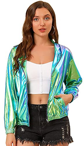 Allegra K Damen Bluson Langarm Metallic Jacke Holographic Party Reißverschluss Kapuzenjacke Blau Grün M