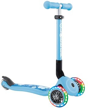 GLOBBER JUNIOR Foldable Fantasy Lights – Tretroller, 120/80 mm, ABEC 5, 3-rädrig, LED-Leuchtrollen, Pastellblau-Flowers