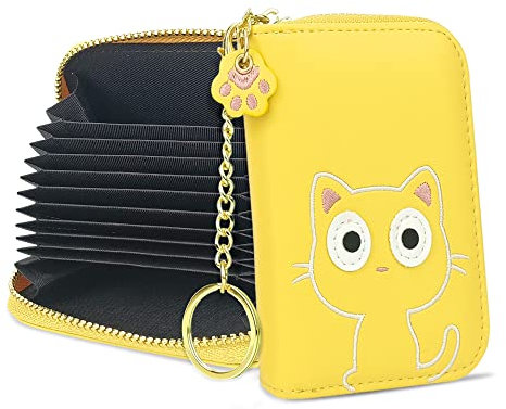 conisy Porta Carte di Credito da Donna con Protezione RFID,Simpatico Cerniera Portafoglio Porta Tessere in Pelle con Portachiavi (gatto giallo)
