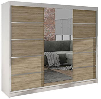 Mirjan24 Kleiderschrank Dotan VI mit Spiegel, Kleiderstange und Fächer, Schlafzimmerschrank, Schwebetürenschrank, Dielenschrank, Garderobenschrank (Weiß/Sonoma)
