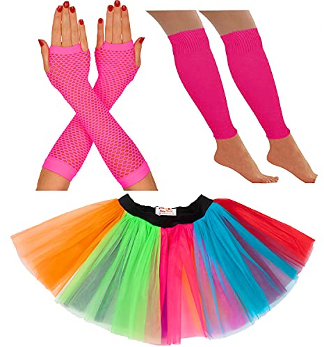 80s Fancy Dress for Women Neon Tutu Skirt 80s costume Neon Party Accessories 1980s Fancy Dress Costumes for Women Neon tutu Neon Leg Warmers Neon Fishnet Gloves Rave Retro Outfit (8-12 UK, Rainbow)