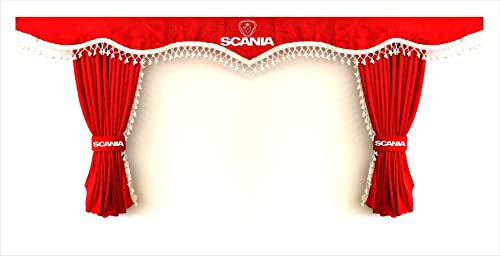Vorhänge für Schlafzimmer, mit weißen Pompons und Haken, mit Scania-Logo, Rot